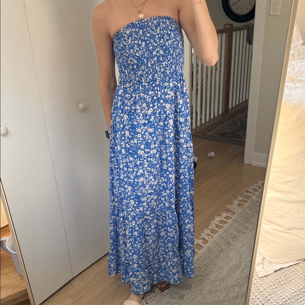 Floral Strapless Blue Maxi Dress